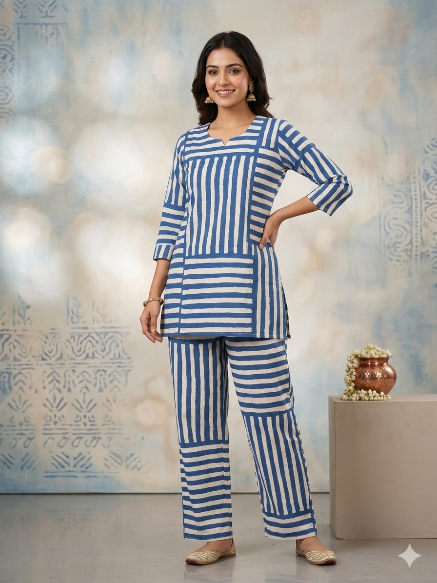 Women Striped Kurta Pant Color Blue Set